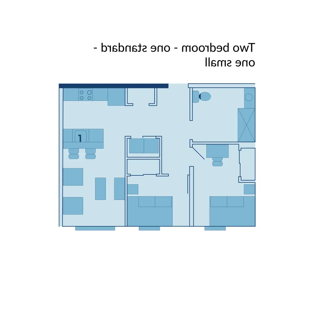 A floor plan of a two-bedroom apartment with one standard bedroom and one small bedroom at Seavey Terraces